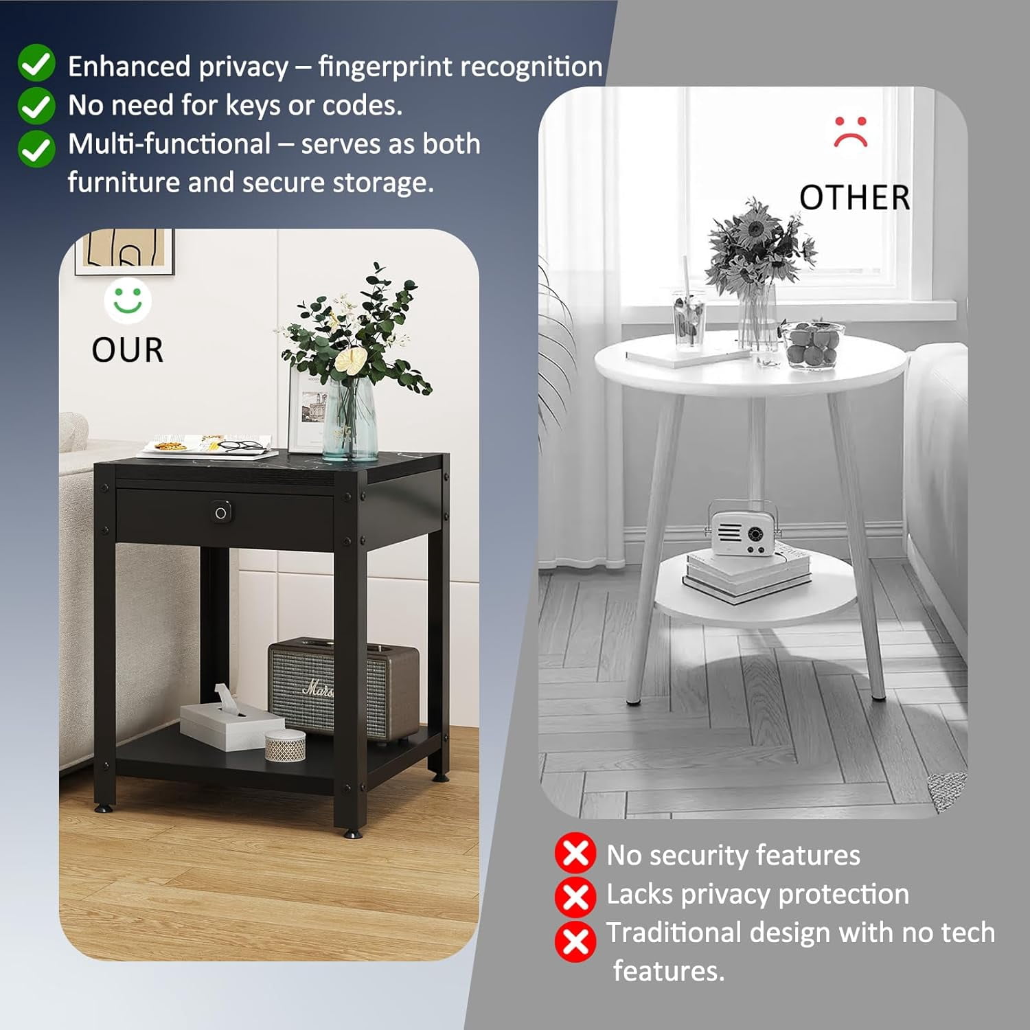 Nightstand Gun Table with Hidden Locking Compartment, Smart Fingerprint Gun End Table, Secure Storage Cabinet for Handguns and Valuables, Quick Access Small storage coffee table for Bedroom or Office