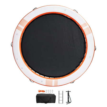 KFFKFF Blow-Up Floating Station ø8FT Inflatable Water Platform with ø5FT Trampoline Mesh Pool Anti-Slip Floating Water Mat Comes with Handy Carry Bag & Removable Staircase for Poolside