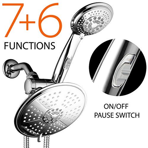 38-Setting 3-Way Rainfall Combo by DreamSpa features 6-setting 7-inch Rain Shower Head and 6-setting 4-inch Hand Shower with Patented ON/OFF Pause Switch. Use each shower separately or both together