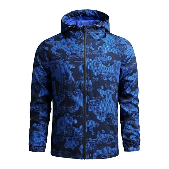 Mens Jackets Camo Zipper Windbreaker Waterproof Performance Bomber Jacket with Pockets Hooded Loose Fall Casual Coats for Men Blue XXXL