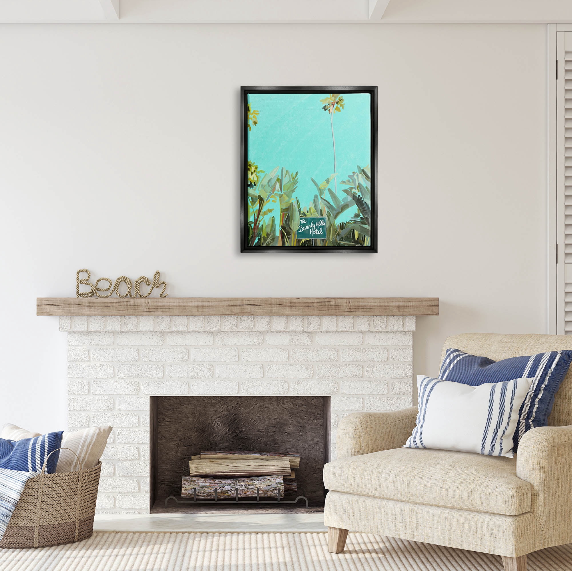 Stupell Industries Beverly Hills Hotel Tropical Palms Coastal Painting Black Floater Framed Art Print Wall Art
