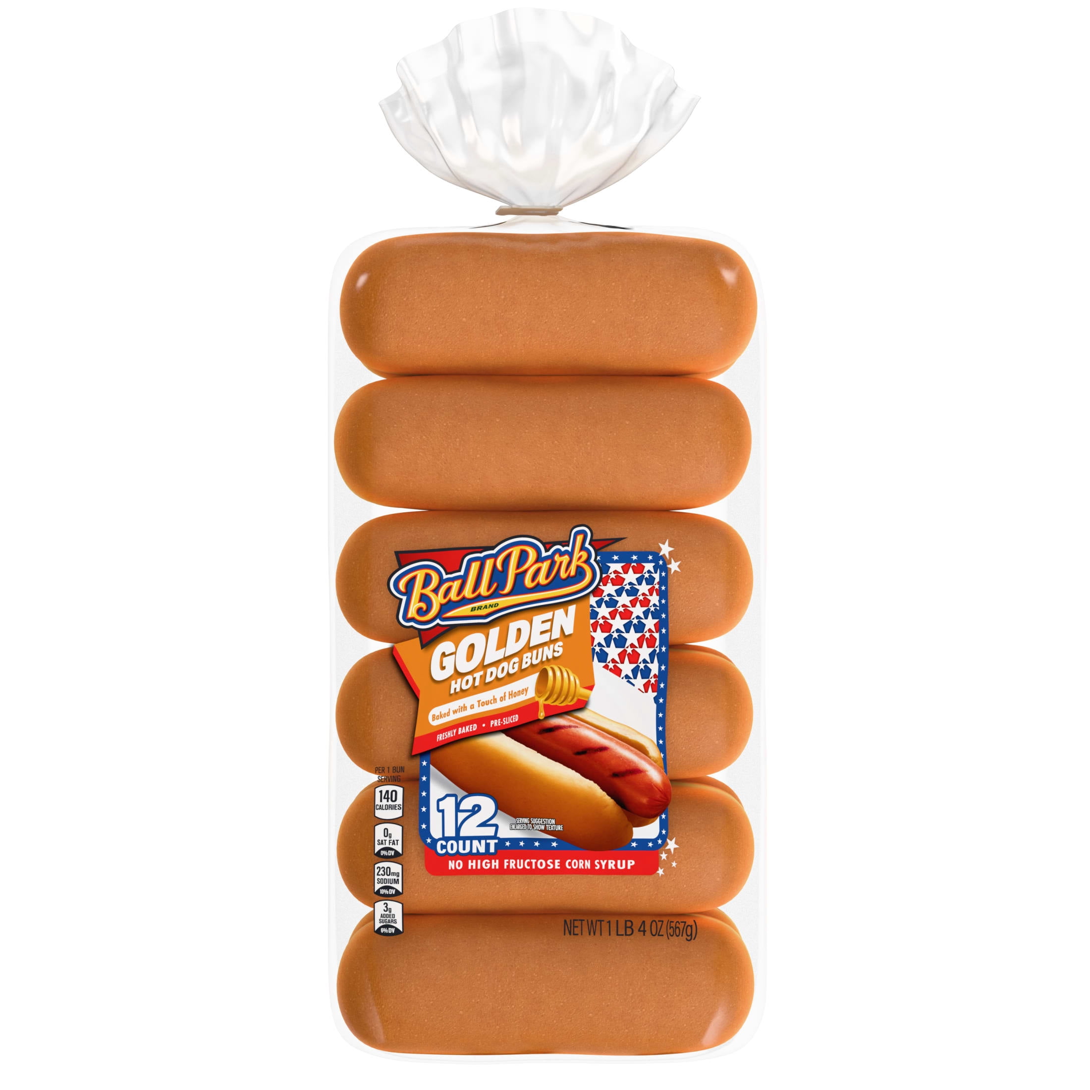 Ball Park Golden Hot Dog Buns, 12 count, Honey Pre-sliced Hot Dog Buns, 20 oz Bag
