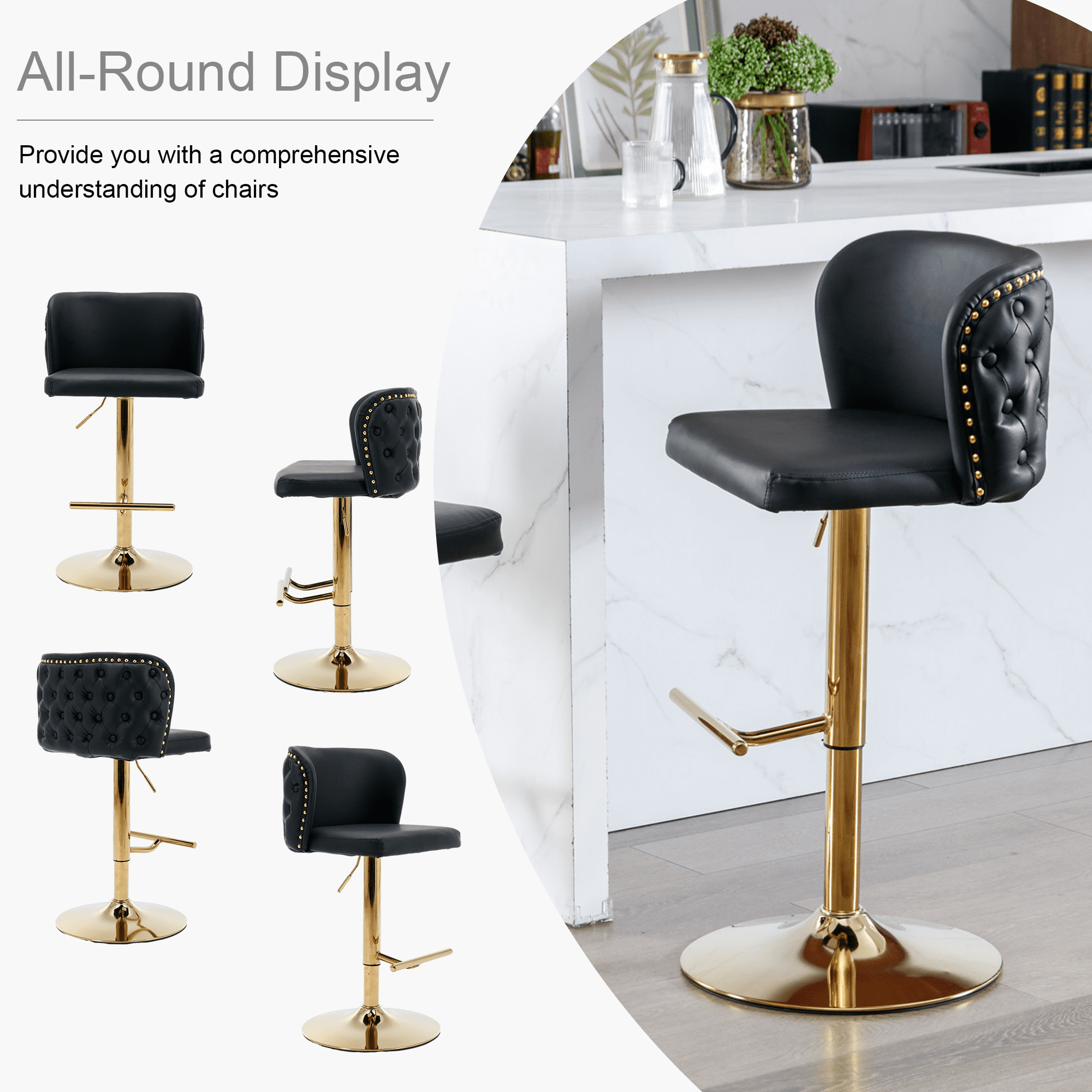 Round Kitchen High Bar Chairs with Golden Base PU Upholstered Bar Stool Chair Height Adjustable from 25-33 Inch Counter Chair with Back Swivel Barstool with Footrest for Kitchen (Set of 4)