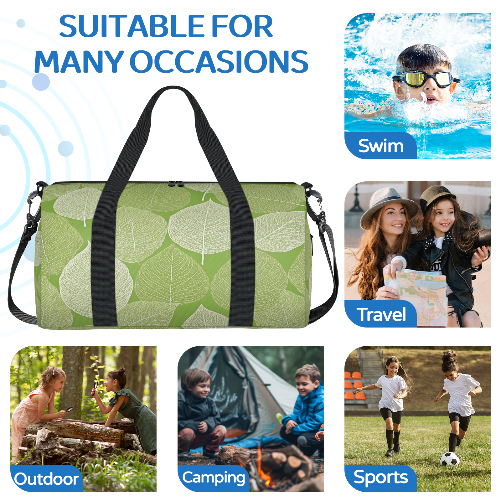 Herdesigns Leaf Travel Duffle Bag Sports Yoga Weekender Overnight Carry on Workout Bags Lightweight Waterproof Gym Tote Bag for Women Green Leaves