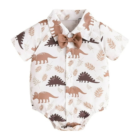 

JAKANYQ Bodysuits Infant Boys Short Sleeve Cartoon Dinosaur Prints Romper Newborn Bodysuits Gentleman Clothes Skin-Friendly
