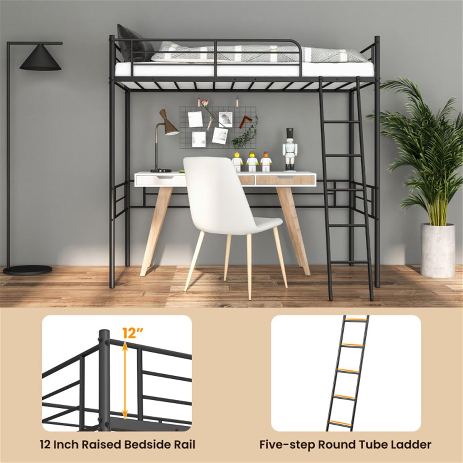 Demi Bonn Loft Bed Twin Size with Ladder Teens Adults Heavy Duty Metal Single Bunk Bed Loft with Safety Guard Rails for Small Space, White