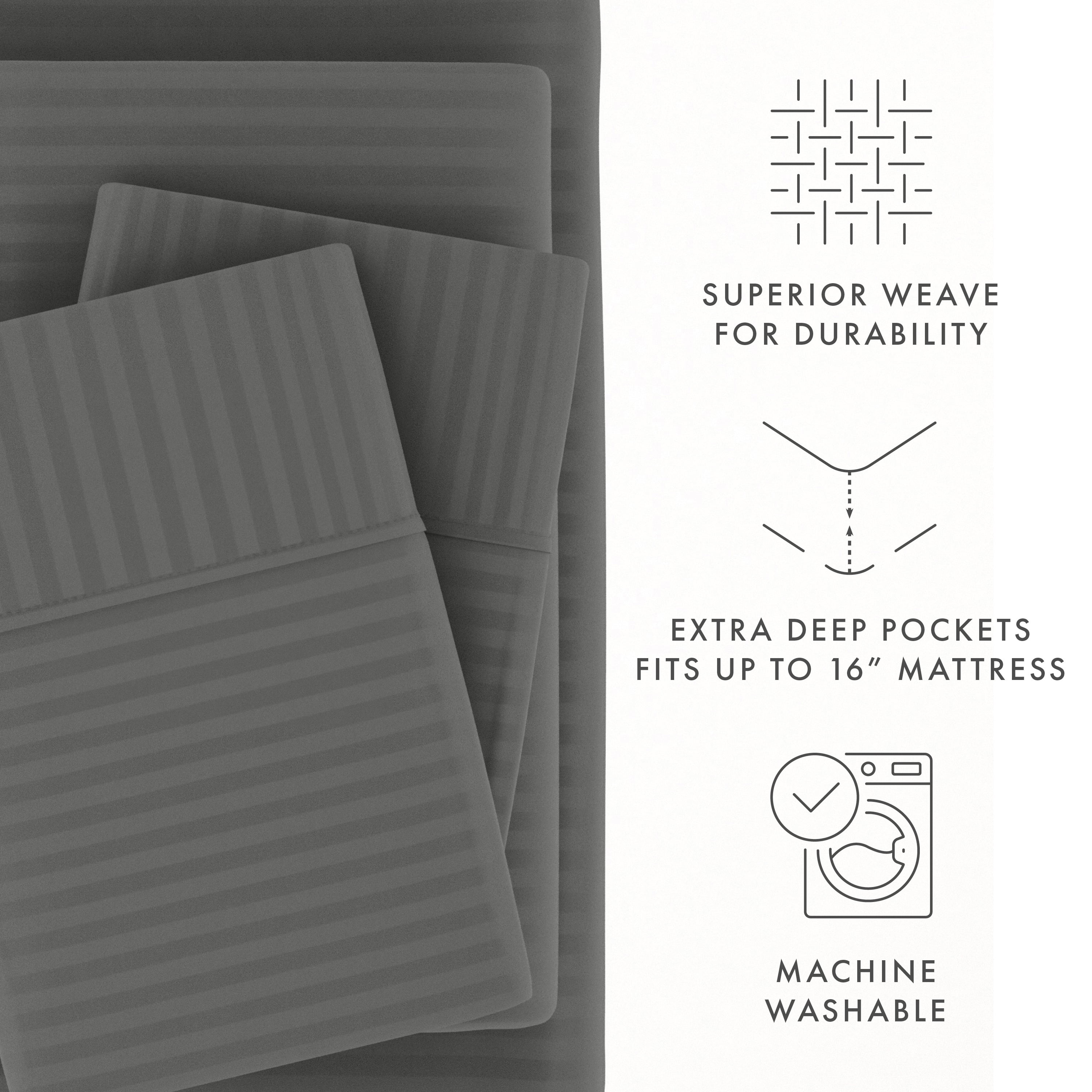 Noble Linens 4 Piece Gray Striped Embossed Bed Sheet Set, Twin