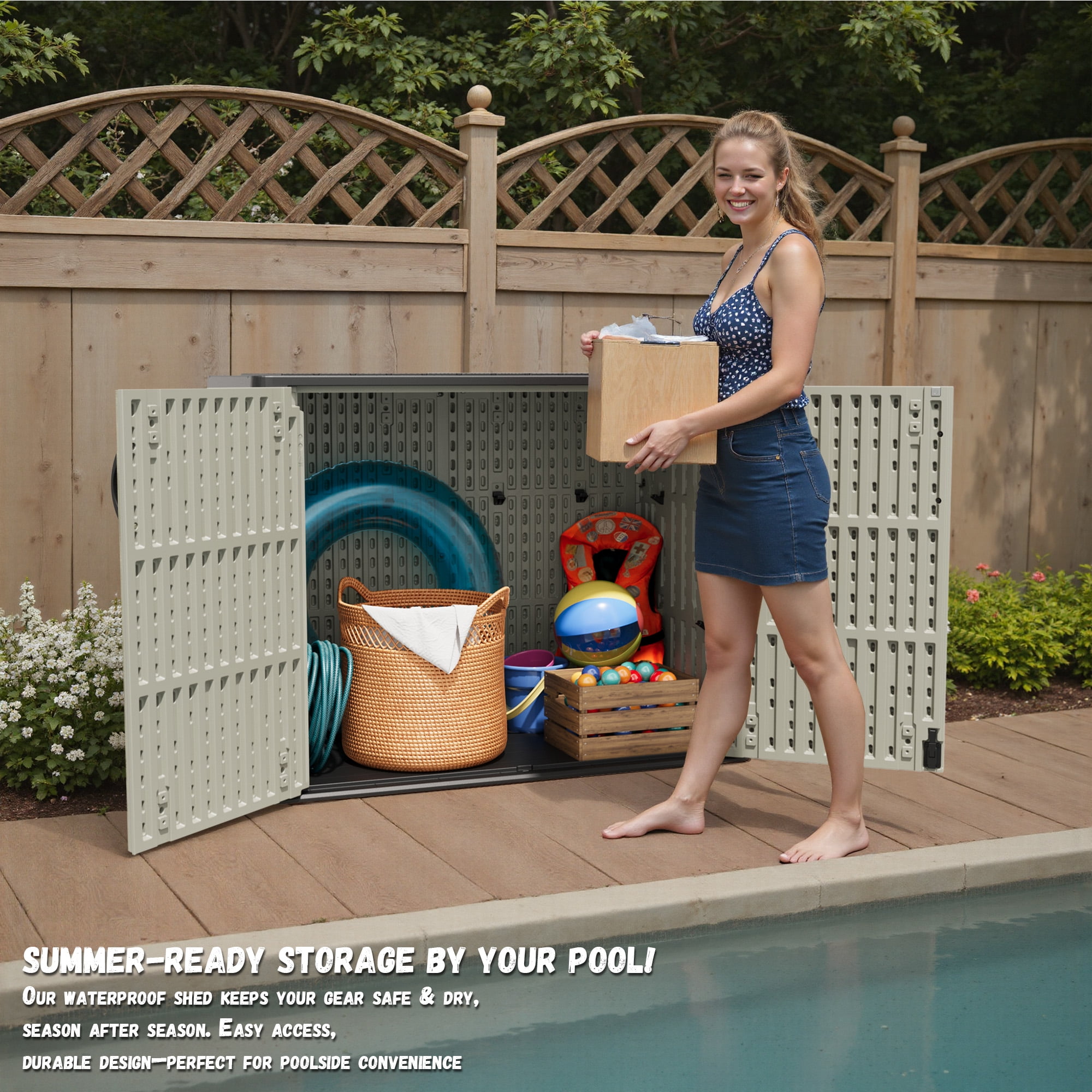 Patiowell 25 Cu.ft Outdoor Storage Shed with Floor, Horizontal Weatherproof Resin Cabinet for Patio, Garden Tools, Pool Supplies, Beige