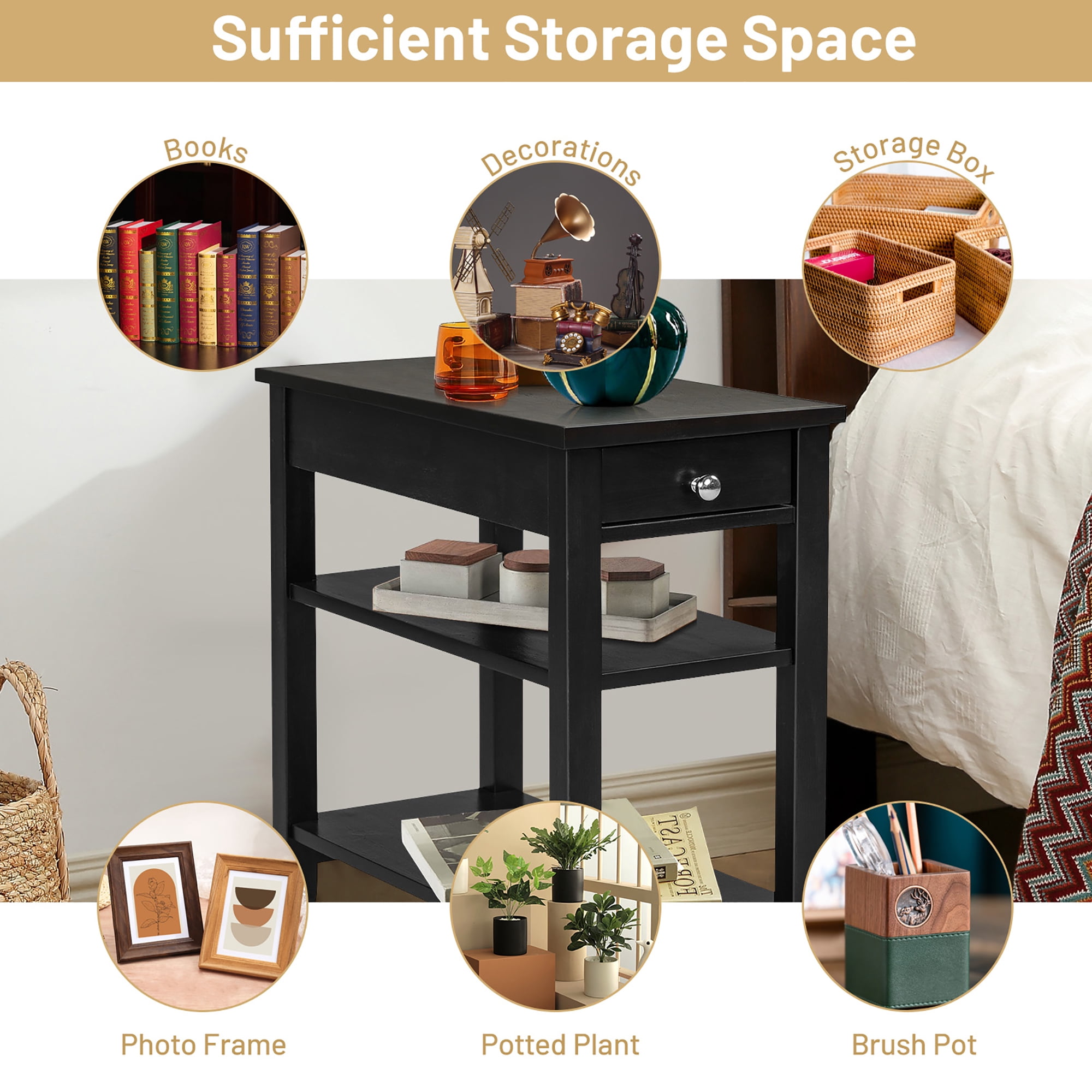 Costway 3-Tier Side End Table with Drawer Double Shelf Narrow Nightstand Black