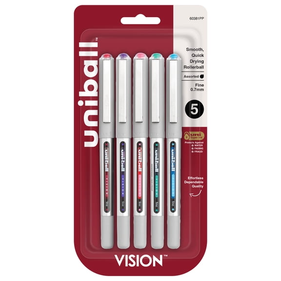 uniball Vision Rollerball Pens, Fine Point 0.7mm, Assorted Colors, 5 Count