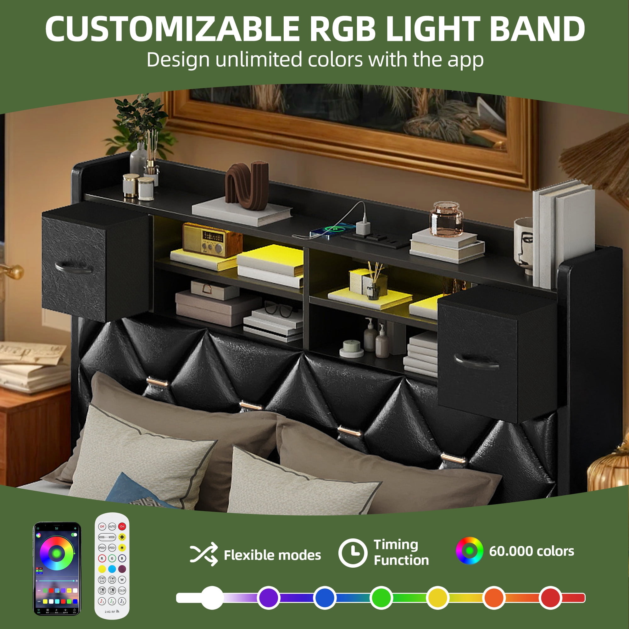 Uforic Full Size Bed Frame with Storage & Power Outlets, PU Leather Bed Frame with LED Lights, Black