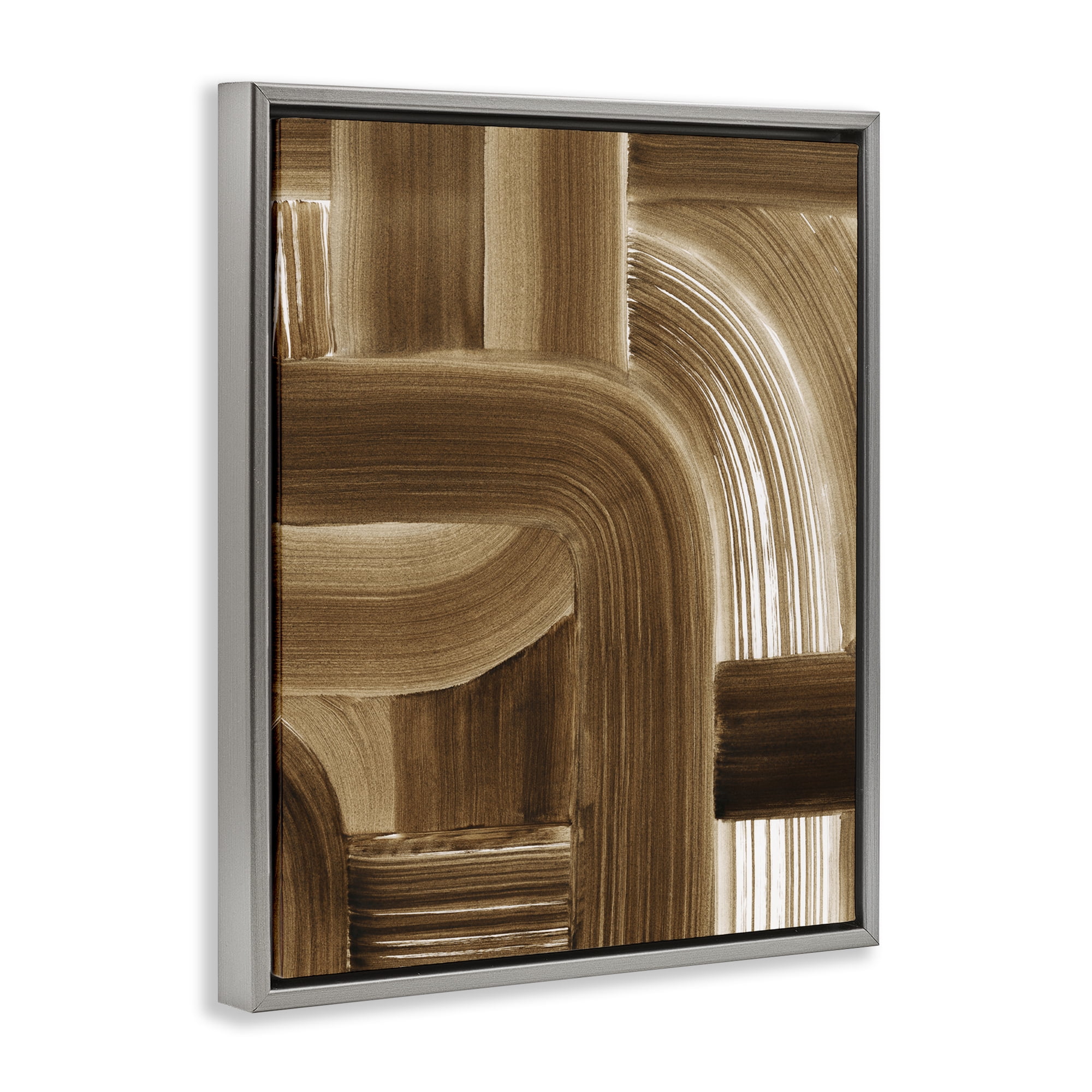 Stupell Industries Brown Curved Paint Strokes Abstract Painting Gray Floater Framed Canvas Art Print Wall Art, 25 x 31