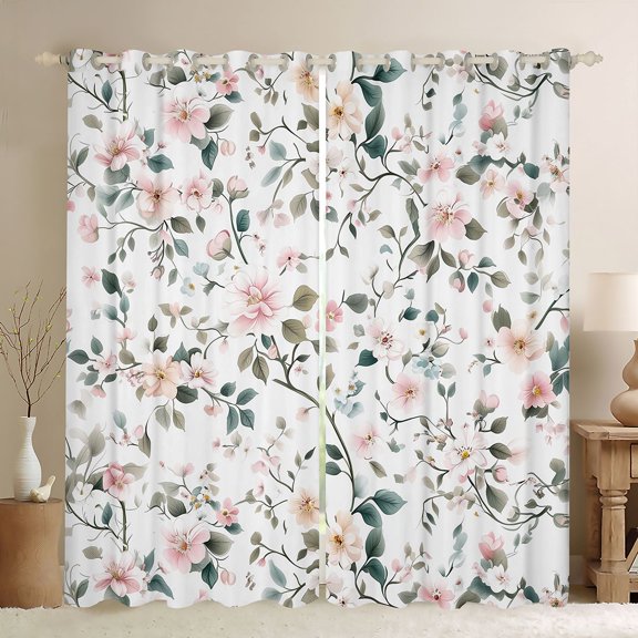 Manfei Country Floral Black Out Curtains,Rustic Plant Flower Curtains Pack of 2 (42x63 Each),White Green Pink Bedroom Curtains For Teens,Super Cozy Room Decor