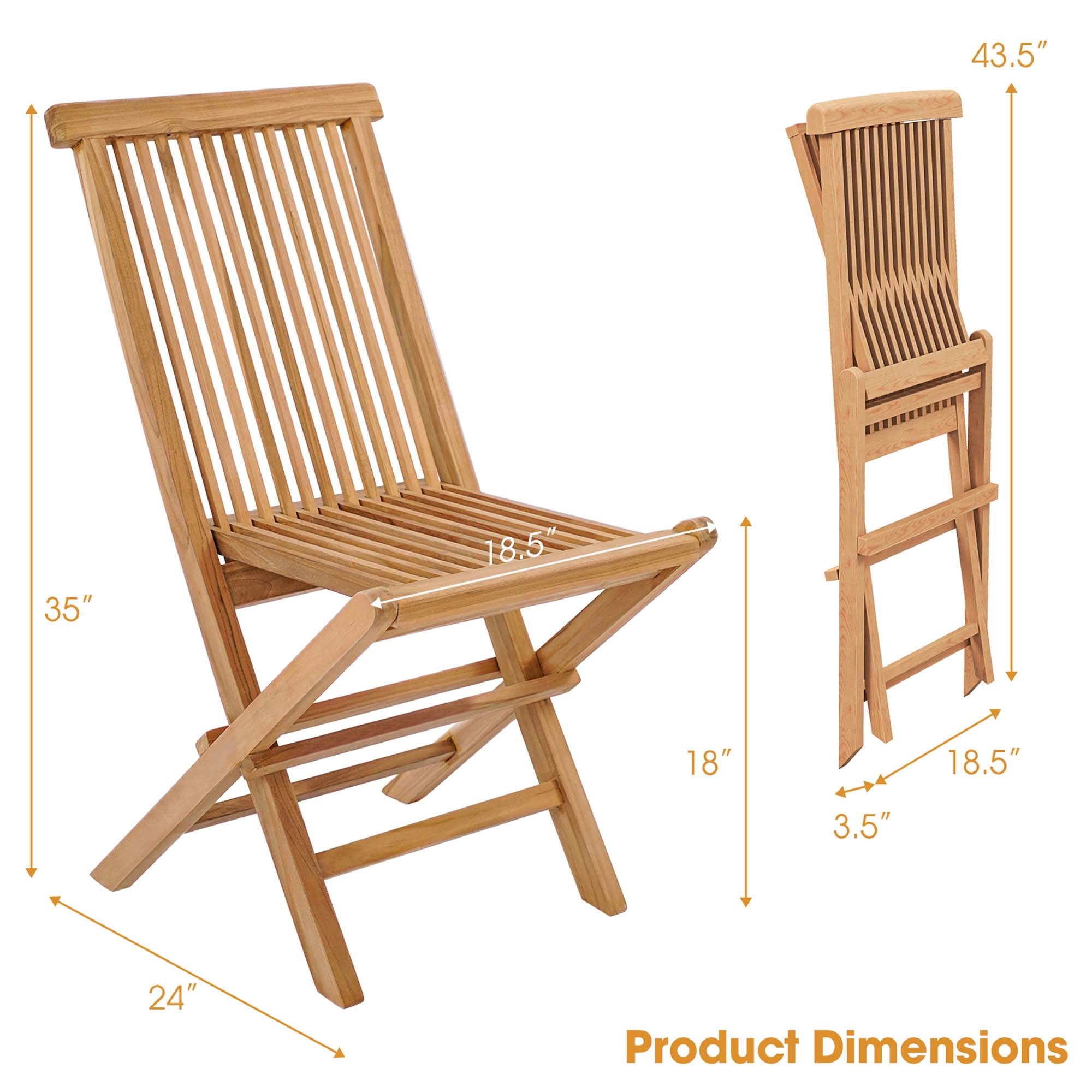 Costway 2 PCS Patio Folding Chair Indonesia Teak High Back Dining Slatted Seat Portable Outdoor