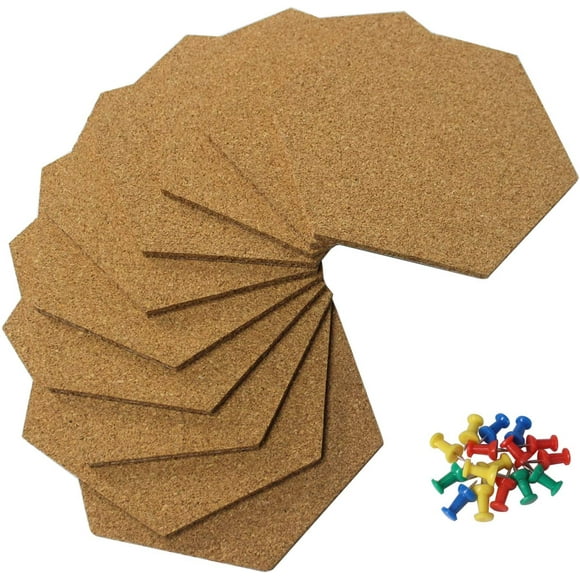 10 Pack 11.8 Inch Self-Adhesive Hexagon Cork Board Tiles, Wall Bulletin Board for Home Office Classroom, Hexagon Pin Board with 40 Multi-Color Push Pins(11.8X10.3X0.23 Inch)