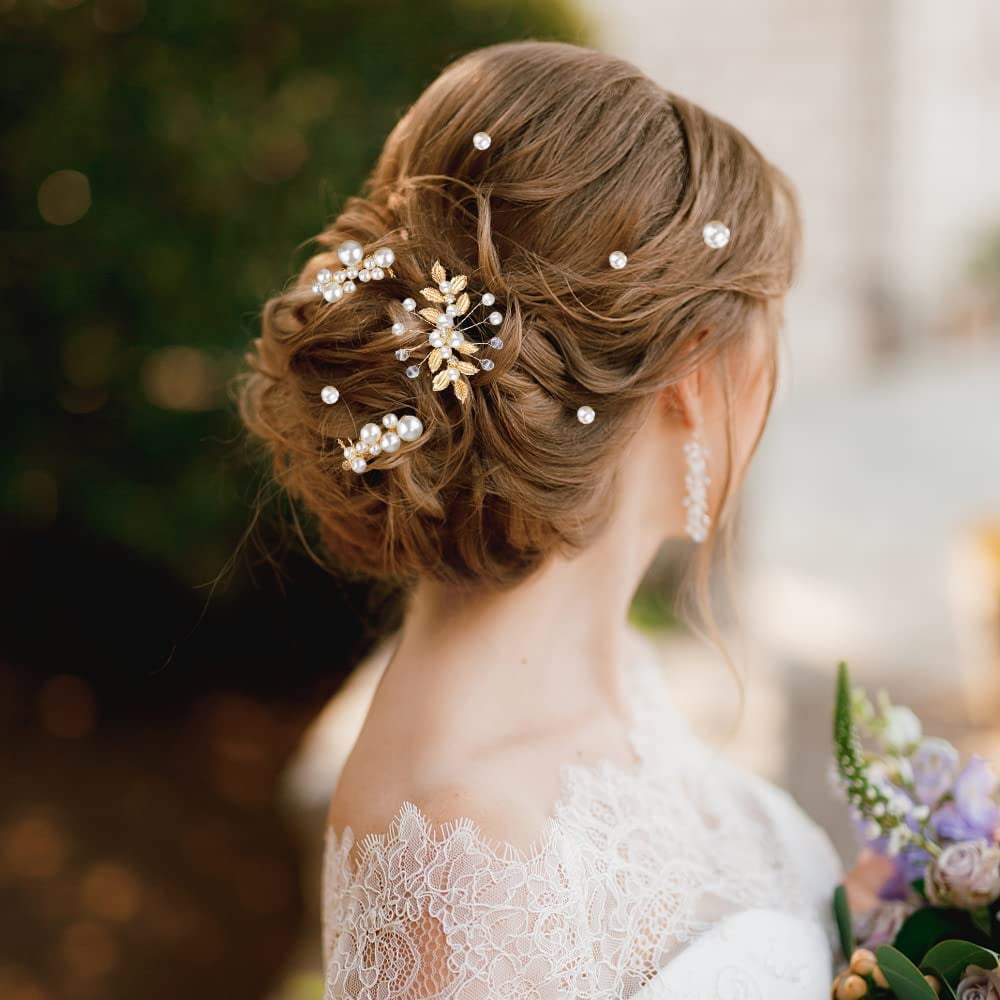 23Pcs Bridal Pearl Gold Hair Clips, STONCEL Wedding Flower Leaf Rhinestone Hair Pins, Bride Hair Combs Accessories U-shaped Hair Barrettes Headpieces for Bridesmaid Party Women Girl