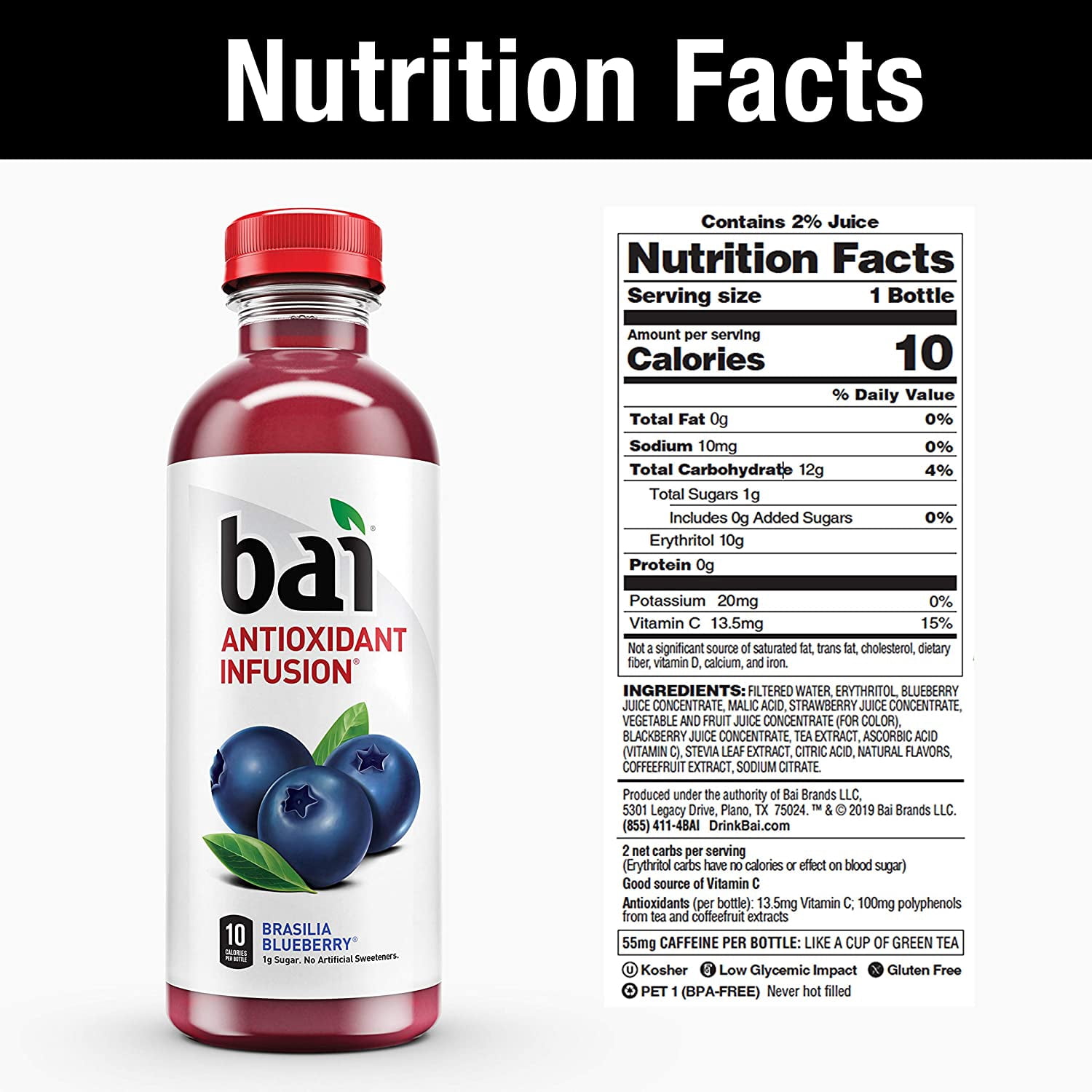 Bai Flavored Water, Brasilia Blueberry, Antioxidant Infused Drinks, 18 Fluid Ounce Bottles, 12 Count Brasilia Blueberry 18 Fl Oz (Pack of 12)