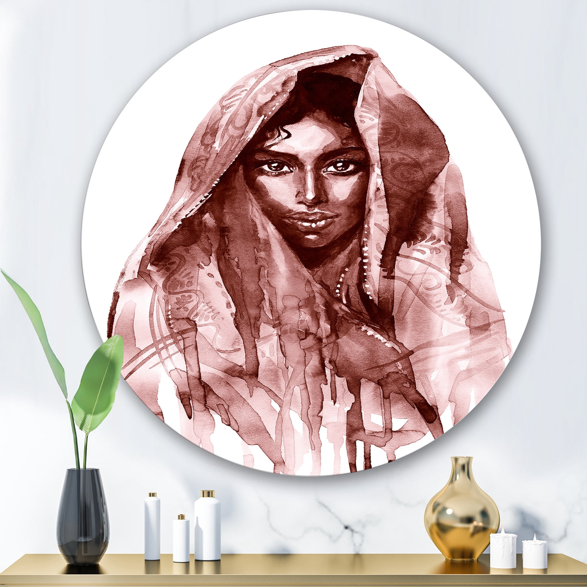 Designart 'Black and White Portrait of Young Indian Woman II' Modern Circle Metal Wall Art 29x29 - Disc of 29