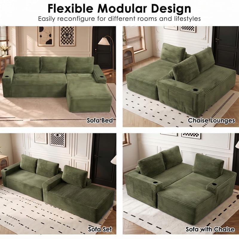 Anpport 104" Boneless Cloud Modular Sectional Couch, Corduroy Sofa with Cup Holders, Side Pockets, Deep Seat, No Assembly Required for Living Room, Green (R‑Shaped, Right Facing Chaise)
