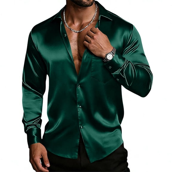 Mens Satin Lapel T-Shirts, Long Sleeve Shirts for Men Spring Big and Tall Casual Shiny Solid Color Button Down Tshirts for Party with Pockets