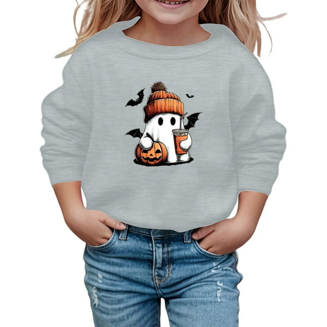 Chandail pour Adolescentes avec Citrouille, Squelette, Chauve-Souris et Fantôme, Imprimé Mignon, Manches Longues, Col Rond, Chandail à Enfiler, Haut pour Enfants, Automne Hiver, Vêtements d'École et de Sortie, Gris, Taille 13-14T