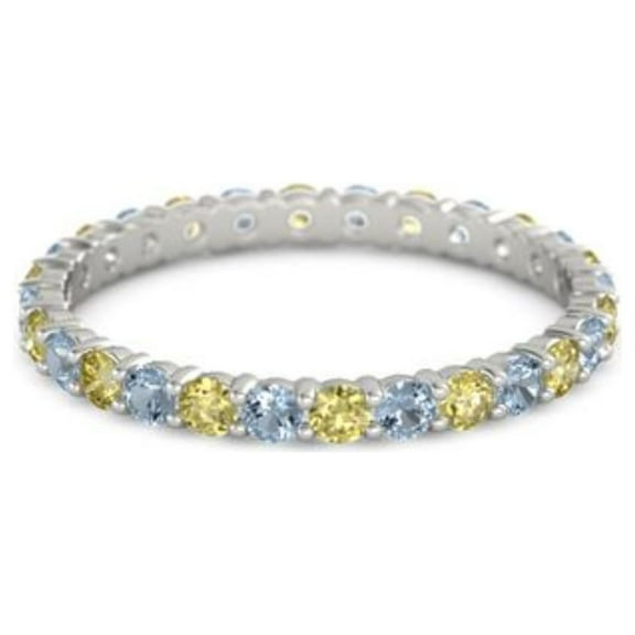 Yellow Tourmaline With Aquamarine Round 2.50 MM 925 Sterling Silver Women Stackable Ring Size US- 4