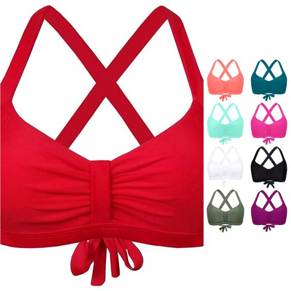 VNKIDY Womens Cross Back Tie Back Front Ruched Solid Color Bikini Top Summer Tropical Beach Regular Fit Quick Dry Swim Bath Tops For Ladies Red L