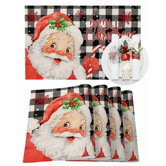 Merry Christmas Placemats Set of 8 Red Santa Claus Winter Snowflake Black Plaid Heat Insulation Washable Place Mats, Rustic Non-Slip Table Mats for Dining Table Party Kitchen Decor,13x19 Inch