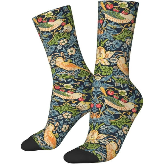 William Morris Strawberry Thief Floral Crew Socks For Men/Women Gifts,Unisex Novelty Casual Dress Socks White
