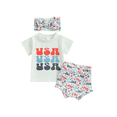 

GXFC Infant Girl 4th of July Outfits Newborn Girls Short Sleeve T-shirt Tops+Letter Print Shorts Pants+ Headband Set Independence Day Clothes 3pcs 0-24M