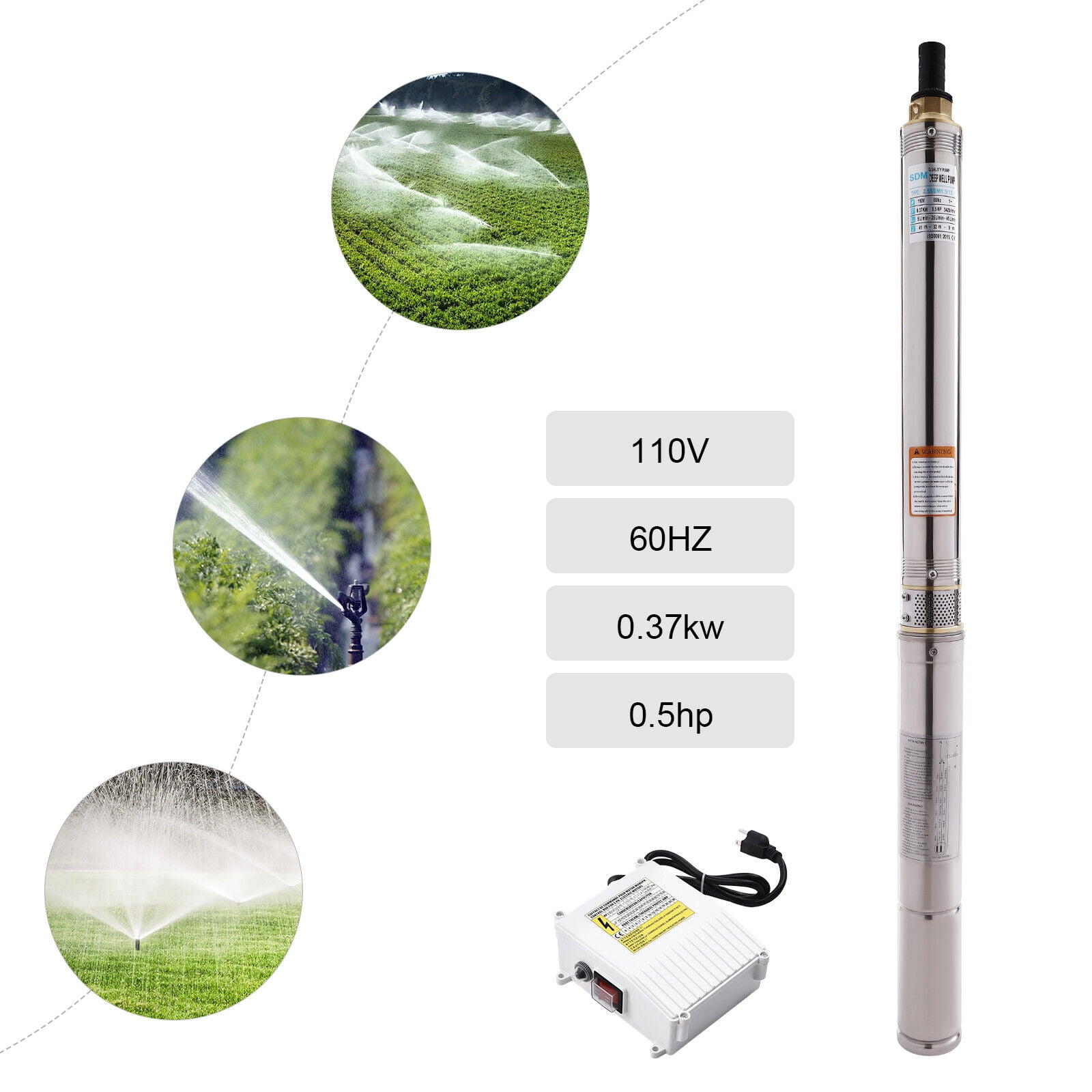 1/2HP Deep Well Submersible Pump Stainless Steel Farm Ranch Water Pump 110V 370W