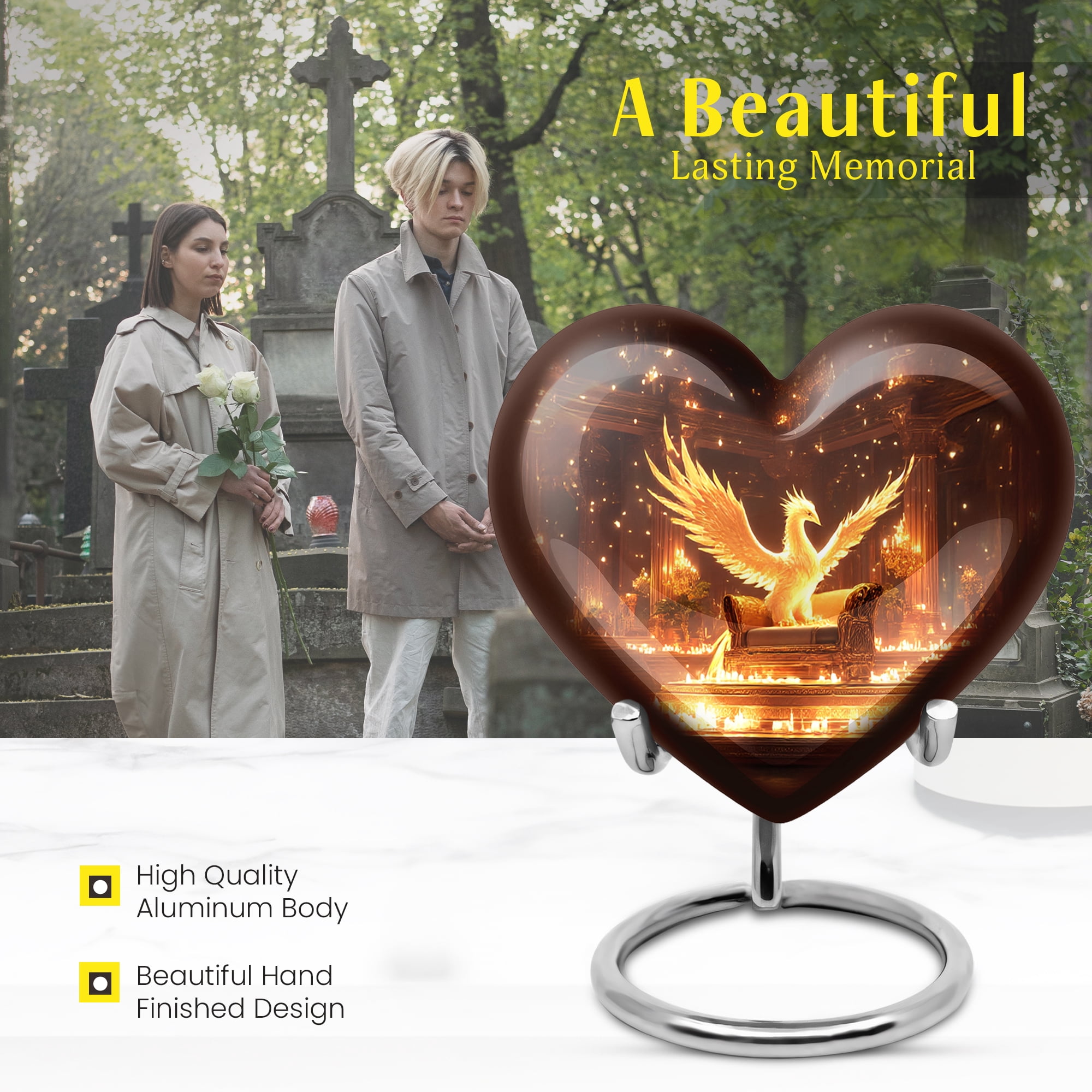 MUKTIVE Phoenix Large Urns for Human Ashes Adult for Burial, Memorial Heart Urns for Adult Female & Male, Decoartive Brown Ash Urn for Women, 8 Inch