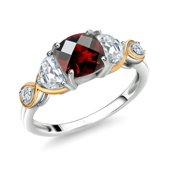Gem Stone King 925 Silver and 10K Yellow Gold 3-Stone Ring Cushion Garnet Half Moon Moissanite and Lab Grown Diamond (1.61 Carat Cttw, Size 9)