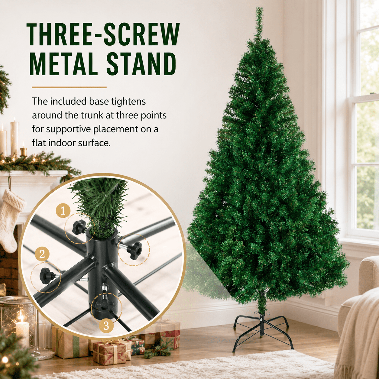 Alvantor 7 ft Unlit Artificial Christmas Tree with 1100 PVC Branch Tips and 3-Screw Metal Stand, Green