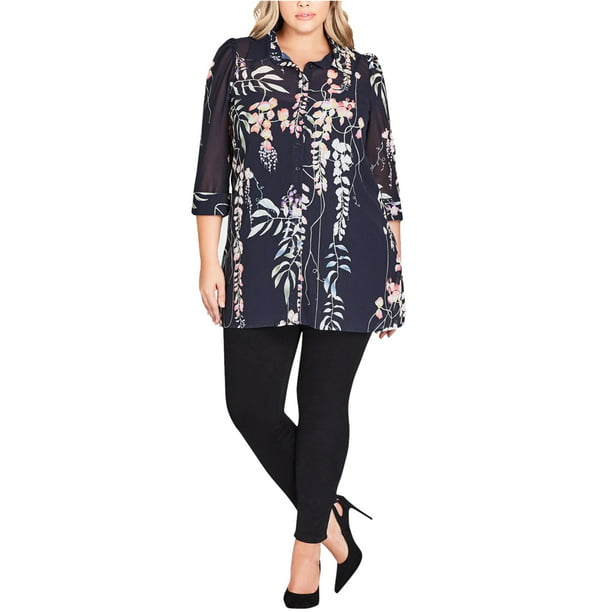 City Chic - City Chic Womens Floral Button Down Blouse, Blue, S/16W ...