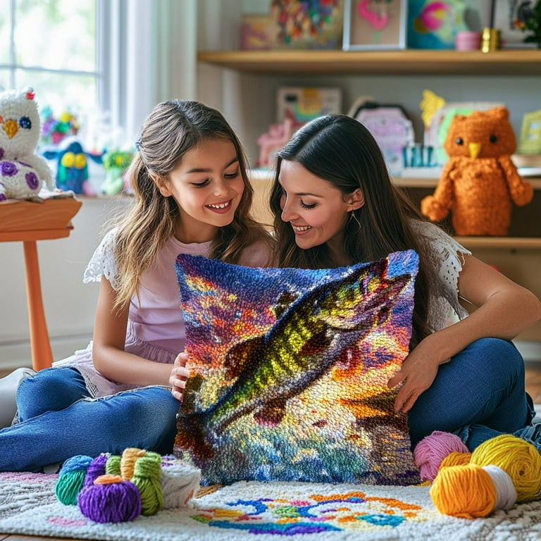 Fish Bass Jumping out from Water DIY Latch Hook Pillow Kits for