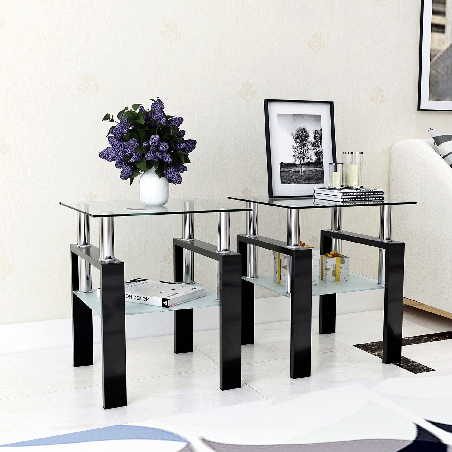 Royard Oaktree End Table Set of 2, Modern Square Tempered Glass Side Table with Shelf for Bedroom