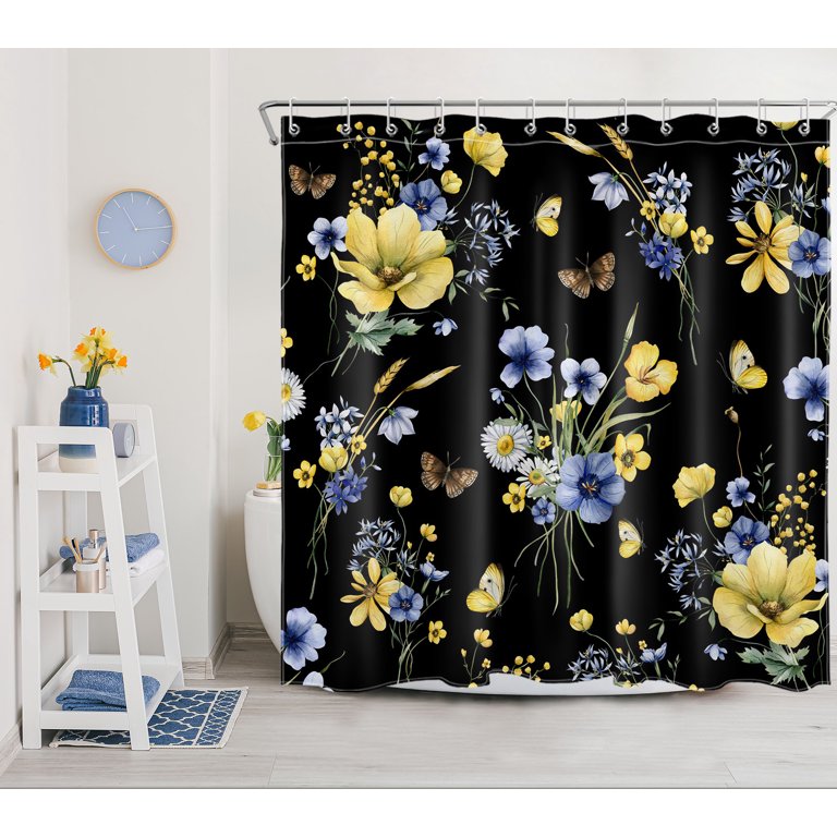 Watercolor Floral Shower Curtain - Blue Wildflower & Butterfly Rustic Bathroom Decor 72x72 Inch
