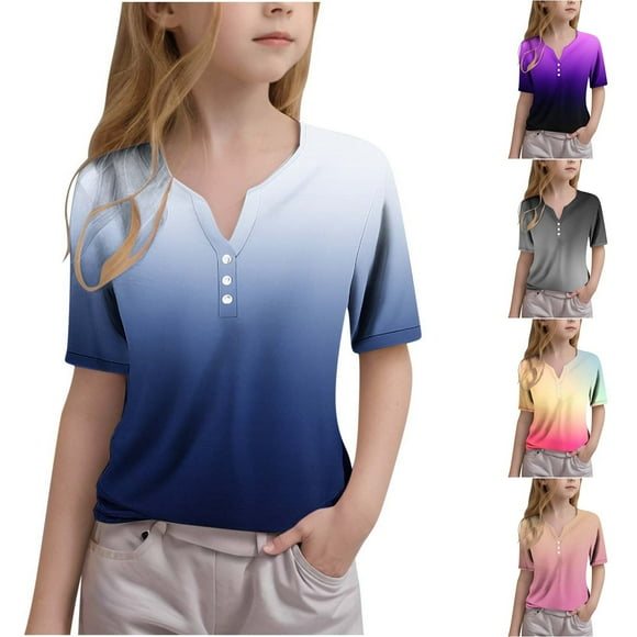 Feancey Kids Henley Shirt Girls Trendy Gradient Print Graphic Tee Button V Neck Short Sleeve Summer Tops for Toddler Boys On Sale Pink 3Years