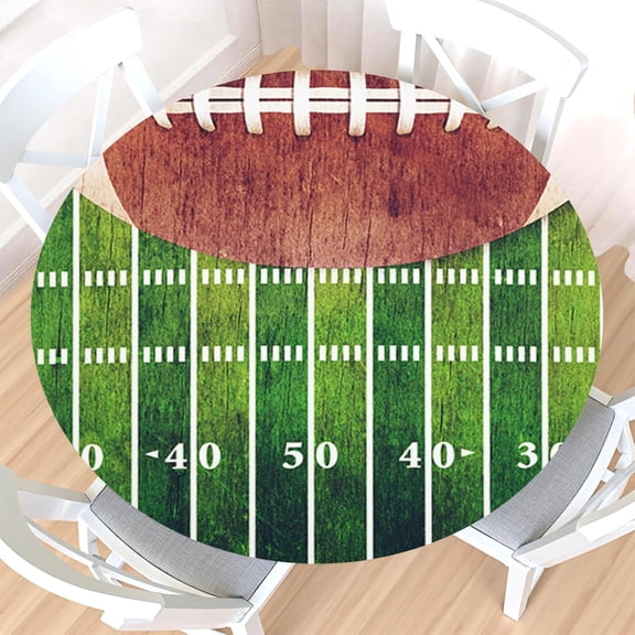 American Football Field Round Fitted Tablecloth with Elastic Edge,Water-Resistant Retro Green Sport Grass with Numbers Table Cover for 40-44" Found Tables Rugby Table Cloth for Dinner,Outdoor,Patio