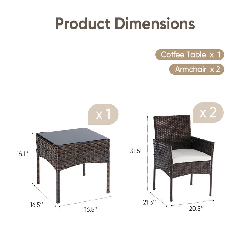Gianna 3-Piece Patio Furniture Set, Outdoor Wicker Rattan Chairs with Removable Cushion & Glass Table, Conversation Furniture for Porch, Garden, Backyard, Poolside - Brown