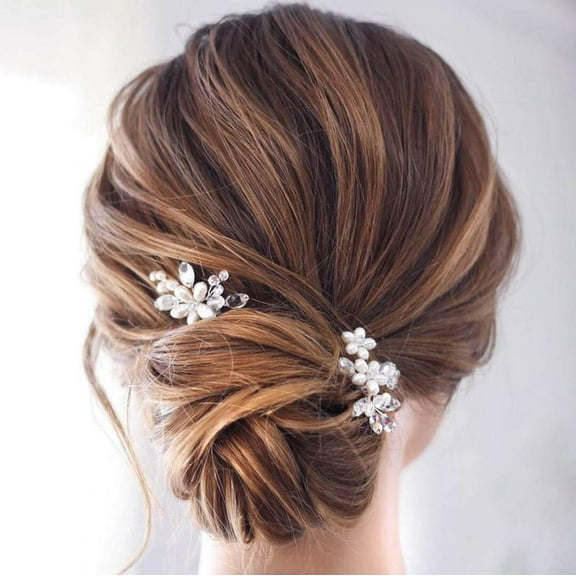 Flower Wedding Bride Hair Pins Pearl Bridal Hair Pieces Crystal Hair Clips Silver Hair Accessories for Women Pack of 2 (Silver)