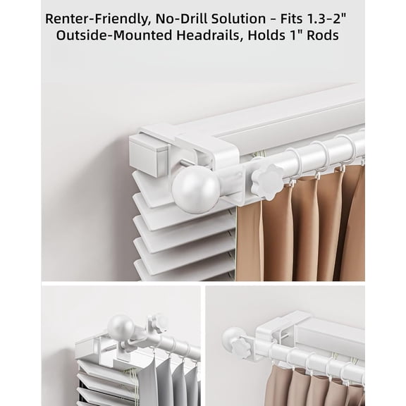 JUNCHI-Over-Blinds Curtain Rod Brackets for Outside-Mounted Blinds, Blinds Curtain Rod Brackets for 1.3–2” Rectangular Headrails, Tool-Free No-Drill Installation for Apartments, Rentals Set of 2 (Whi