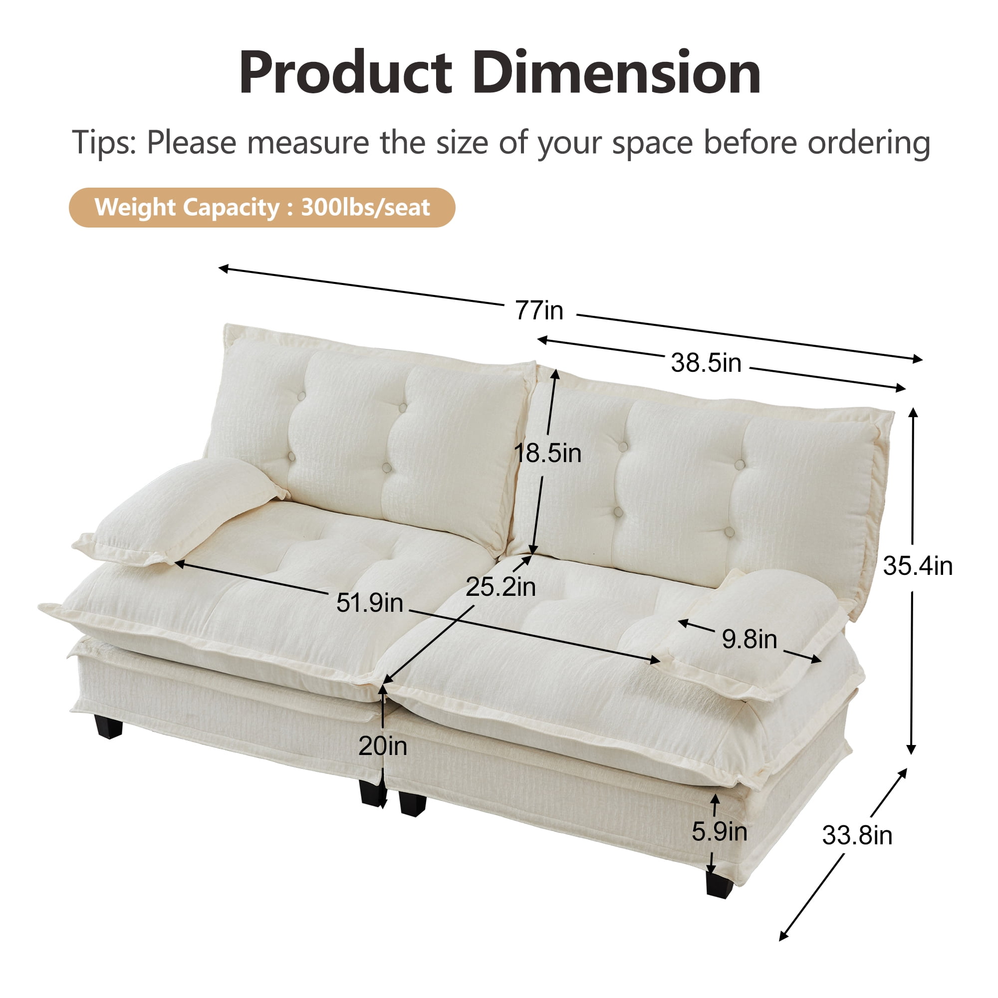 AISWORD 77" 2-Seater Modular Sectional Cloud Sofa, Chenille Fabric Deep Seat Couch with Lattice Decored Cushions