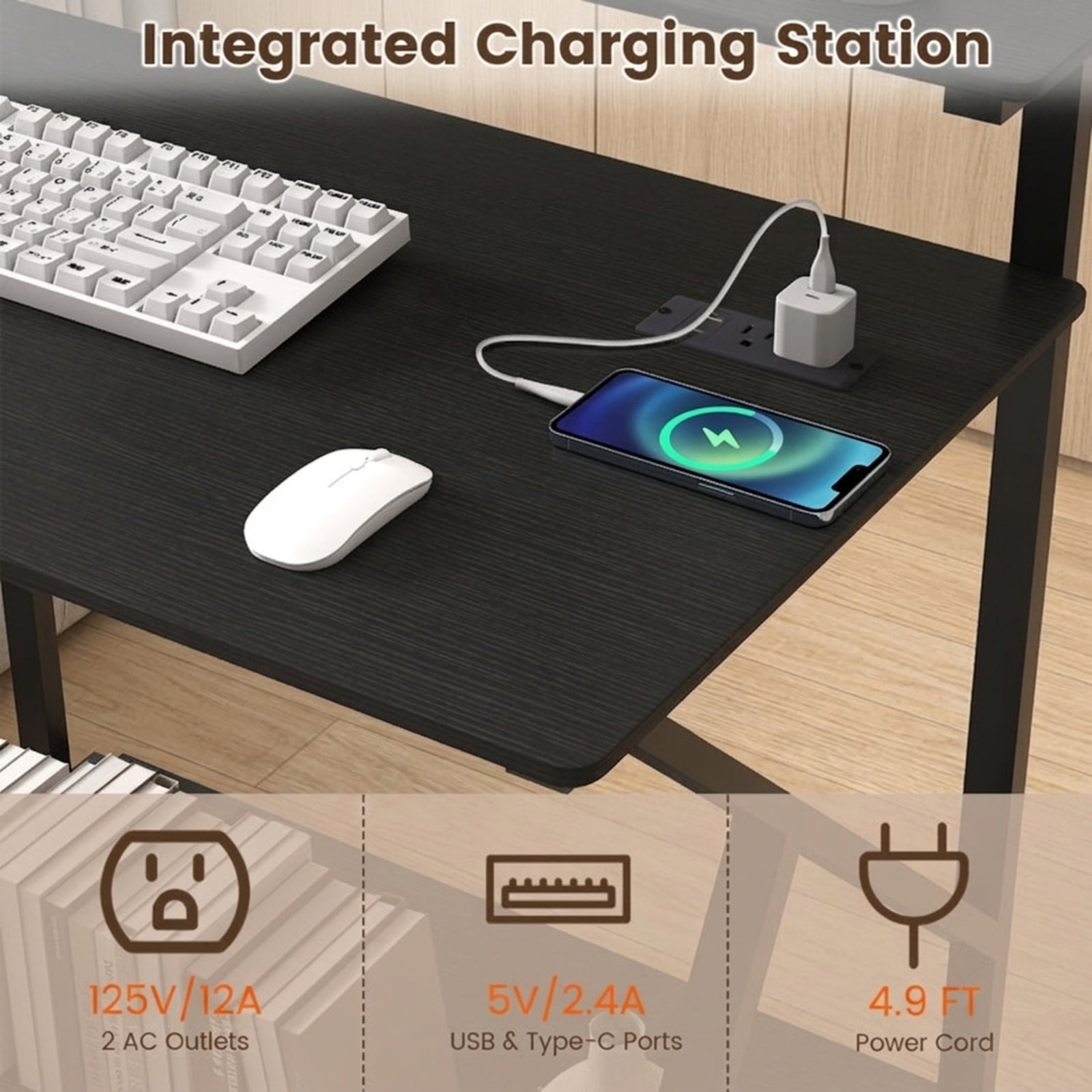 Furnibear 32 Inch Rolling Computer Desk for Small Spaces With Power Outlets and Monitor Shelf, Compact Home Office Desk on Wheels, Black