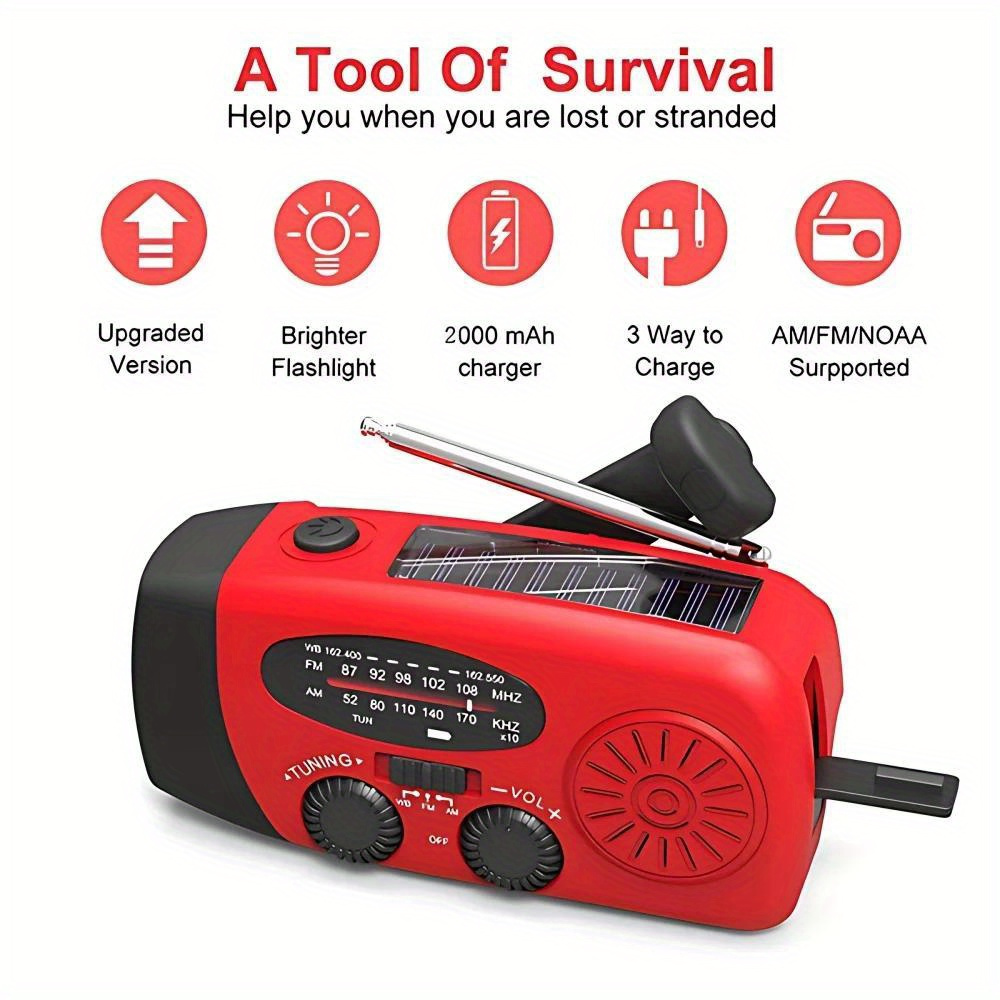 This versatile portable radio features a 2000mAh battery, is powered by a hand crank and solar power, supports USB charging, features FM, AM, WB, NOAA weather radio, and comes with an emergency LED fl