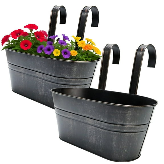 2PCS Hanging Planters for Outdoor Plants, Long-lasting Metal Flower Pots, Vintage Iron Planters with Double Hooks, Distressed Finish for Balcony, Patio, Garden Decor