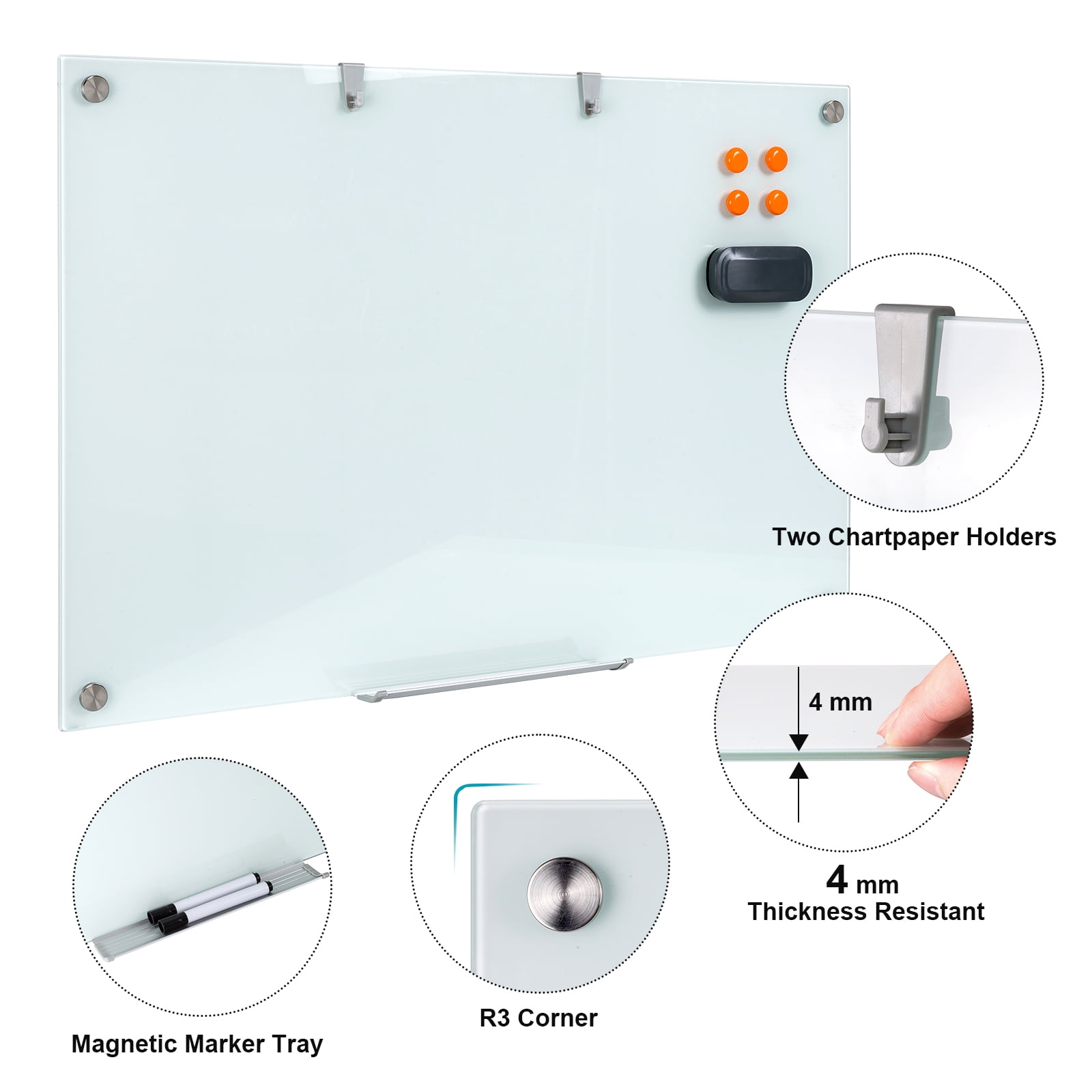 WingWise Glass Magnetic Whiteboard, Dry Erase Board, 72" x 48", Wall Mounted White Board, Frameless Board for Office, Home, School