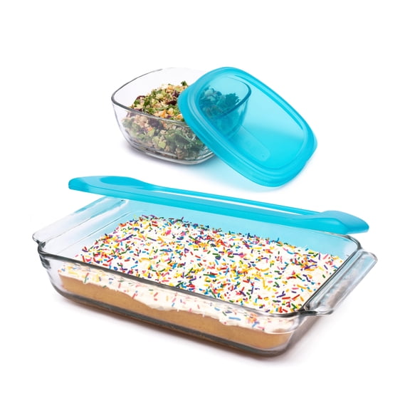 Libbey Baker’s Premium Bake & Store 4 Piece Glass Set with 9x13 Baking Dish and 6 Cup Storage Container with Blue Plastic Lids