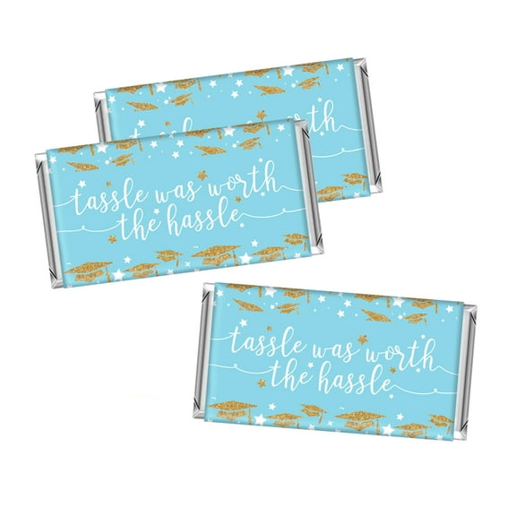 Baby Blue and Gold Glittering Graduation Party, Hershey Bar Labels, Congrats Grad, Tassle was Worth the Hassle, 10-pack